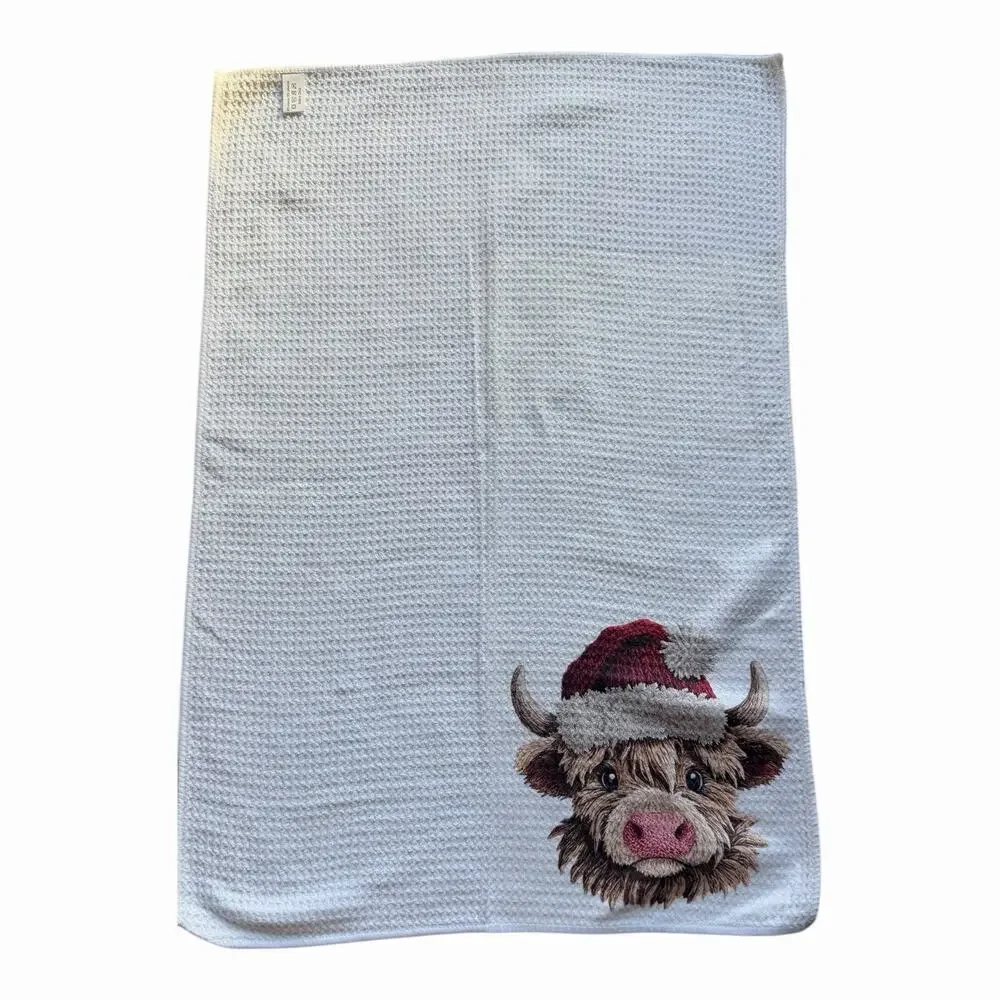 Vintage Christmas Highland Cow Kitchen Towel Waffle Weave Holiday Hostess Gift